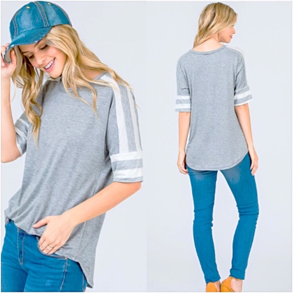 Cozy Casual Gray Striped Sleeve Tee Top SML - Picture 3 of 8